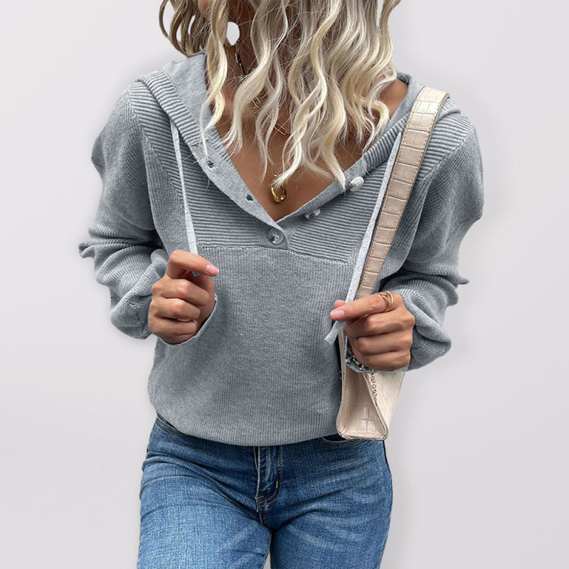 Women’s Long Sleeve Button Up Neckline With Adjustable Tie Ribbed Hoodie Sweater