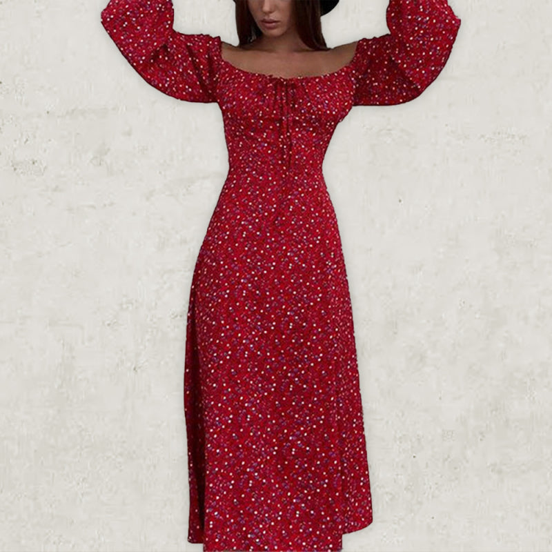 Women’s Floral Print Loose Long Sleeve Peasant Style Midi Dress With Front String Tie