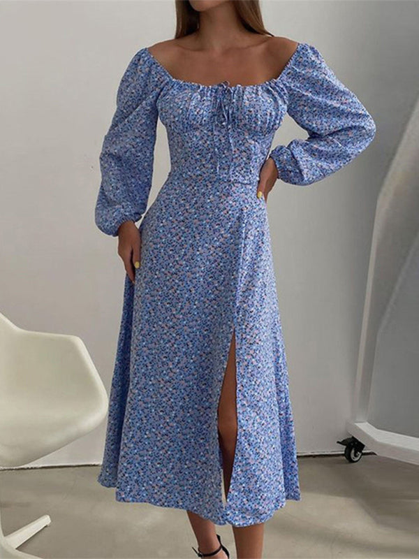 Women’s Floral Print Loose Long Sleeve Peasant Style Midi Dress With Front String Tie