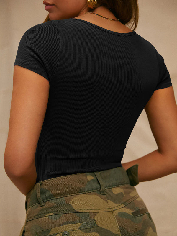 Women's Solid Color rib Short Sleeve Stretch Cotton Bodysuit