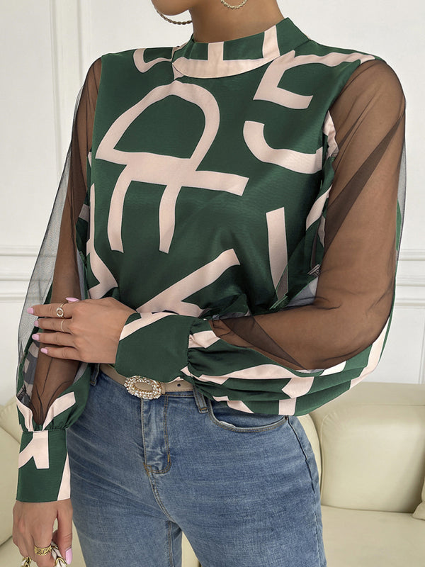Women's geometric print stitching mesh round neck long-sleeved top