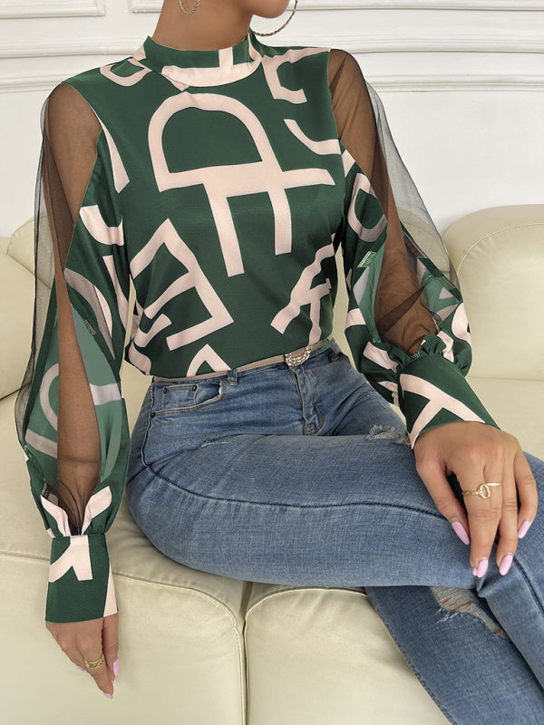 Women's geometric print stitching mesh round neck long-sleeved top