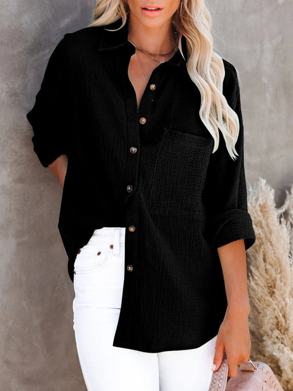 Simple long-sleeved V-neck button-down shirt for women