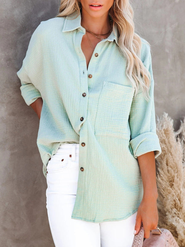Simple long-sleeved V-neck button-down shirt for women