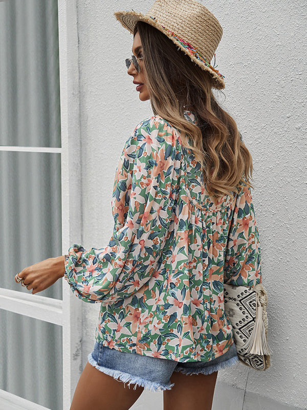 New style casual holiday style floral long-sleeved tie shirt top