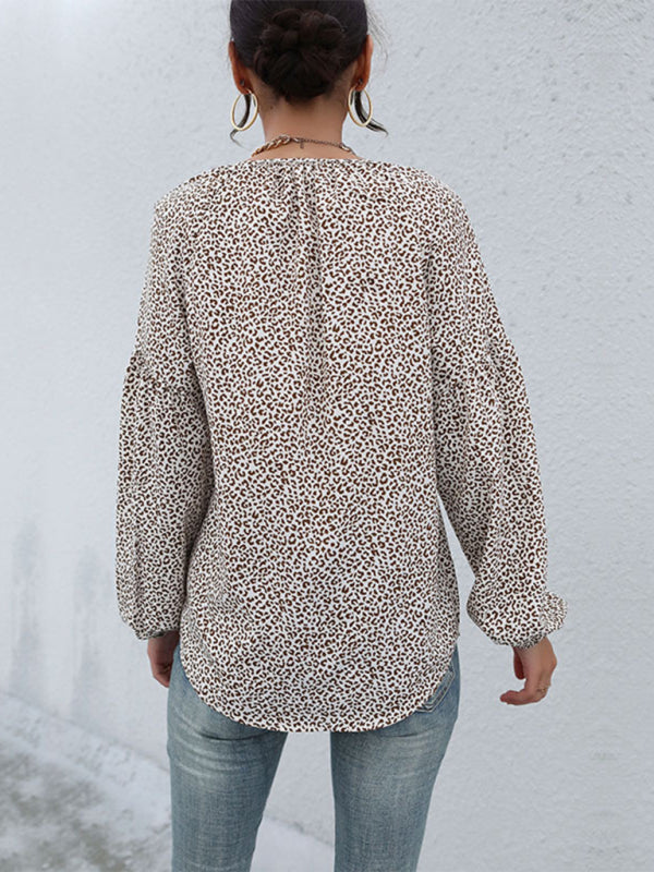New retro tops foreign style long-sleeved drawstring leopard v-neck shirt