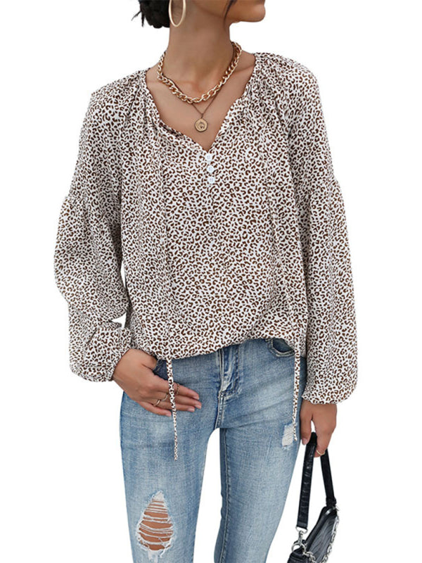 New retro tops foreign style long-sleeved drawstring leopard v-neck shirt