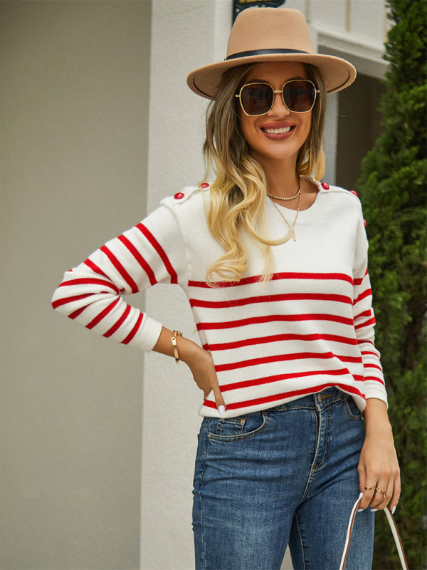 Pullover Button Sweater Stripe Stitching Fashion Knitwear